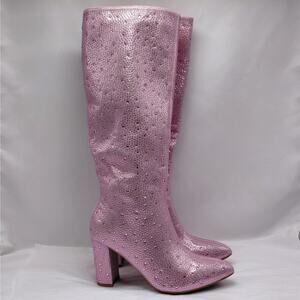 Top Moda Mariha Women's Rhinestone Knee High Boots 7 Pink Chunky Heel Retro Gogo